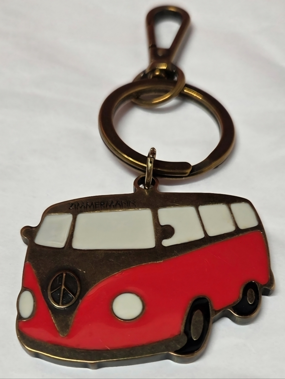 Zimmerman Peace Volkswagen Bus Enamel/Brass Keychain, Red/White